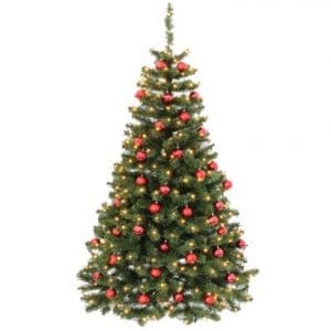 Juletræ 210 cm med LED lys og røde kugler