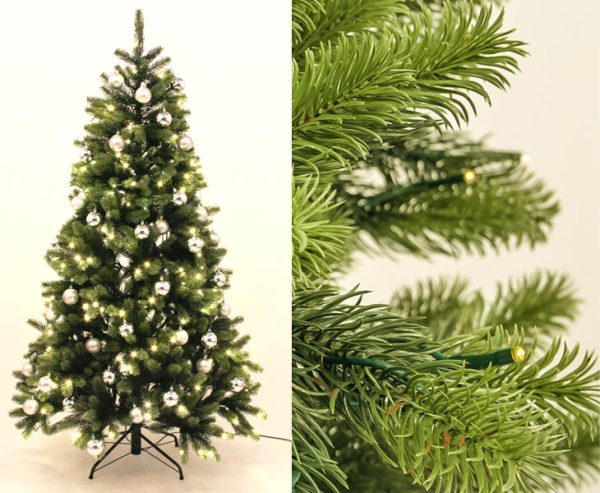 Juletræ 150 cm Spritzguss med 192 LED lys og sølvkugler