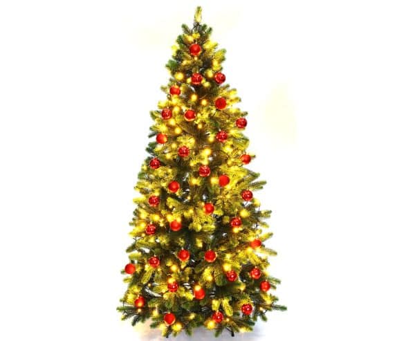 Juletræ 180 cm Spritzguss med 288 LED lys og 34 røde kugler