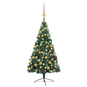 Kunstigt Halvt Juletræ Med Led-Lys Og Kuglesæt 150 Cm Grøn