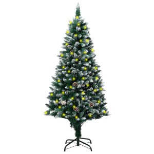 Kunstigt Juletræ Med Led-Lys Grankogler Og Sne 180 Cm