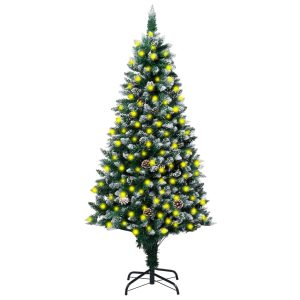 Kunstigt Juletræ Med Led-Lys Grankogler Og Sne 210 Cm