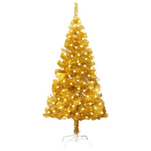 Kunstigt Juletræ Med Led-Lys Og Fod 120 Cm Pet Guldfarvet