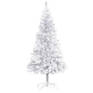 Kunstigt Juletræ Med Led-Lys Og Fod 120 Cm Pet Sølvfarvet