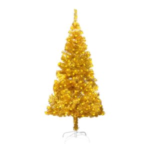 Kunstigt Juletræ Med Led-Lys Og Fod 150 Cm Pet Guldfarvet