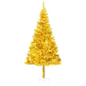 Kunstigt Juletræ Med Led-Lys Og Fod 180 Cm Pet Guldfarvet