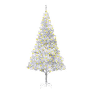Kunstigt Juletræ Med Led-Lys Og Fod 180 Cm Pet Sølvfarvet