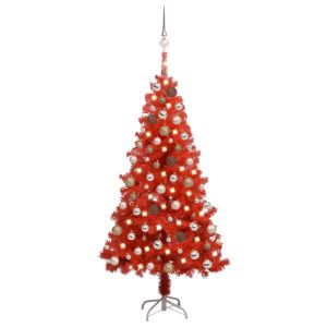 Kunstigt Juletræ Med Led-Lys Og Kuglesæt 120 Cm Pvc Rød