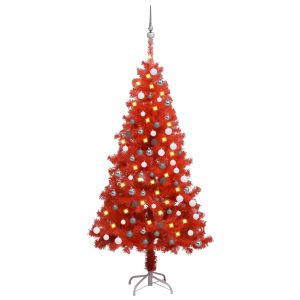 Kunstigt Juletræ Med Led-Lys Og Kuglesæt 150 Cm Pvc Rød