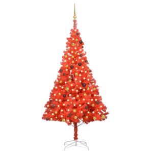 Kunstigt Juletræ Med Led-Lys Og Kuglesæt 240 Cm Pet Rød