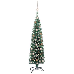 Kunstigt Smalt Juletræ Med Led-Lys Og Julekugler 150 Cm Grøn