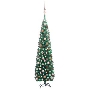 Kunstigt Smalt Juletræ Med Led-Lys Og Julekugler 180 Cm Grøn