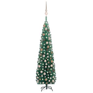 Kunstigt Smalt Juletræ Med Led-Lys Og Julekugler 240 Cm Grøn