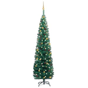 Kunstigt Smalt Juletræ Med Led Og Julekugler 210 Cm Grøn