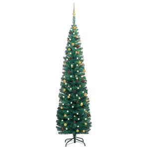 Kunstigt Smalt Juletræ Med Led Og Julekugler 240 Cm Grøn
