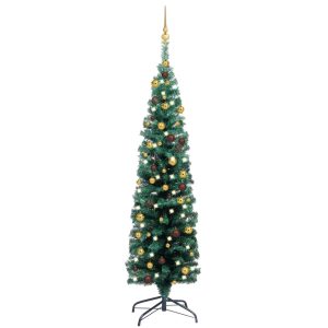 Kunstigt Smalt Juletræ Med Led & Kugler 150 Cm Grøn