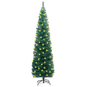 Smalt Kunstigt Juletræ Med Led-Lys Og Fod 180 Cm Pvc Grøn