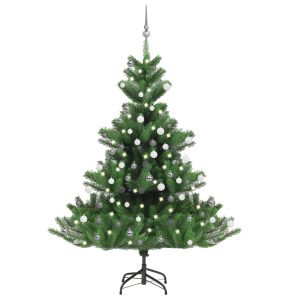 kunstigt juletræ LED-lys + julekugler 180 cm nordmannsgran grøn