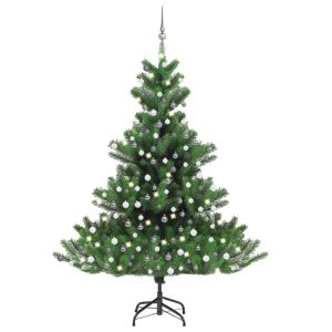 kunstigt juletræ LED-lys + julekugler 210 cm nordmannsgran grøn