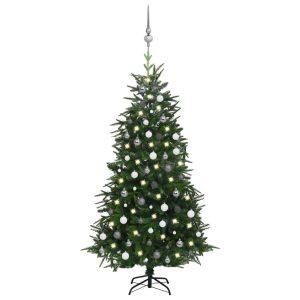 kunstigt juletræ med LED-lys og julekugler 180 cm PVC + PE grøn