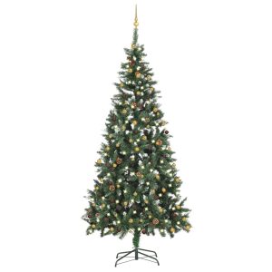 kunstigt juletræ med LED-lys og julekugler 210 cm
