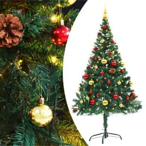 kunstigt juletræ med julekugler og LED-lys 150 cm PVC grøn