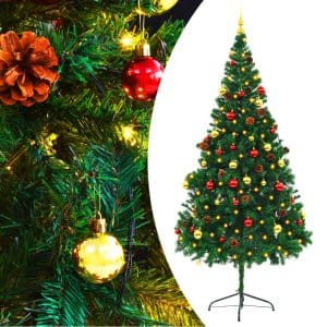 kunstigt juletræ med julekugler og LED-lys 210 cm PVC grøn