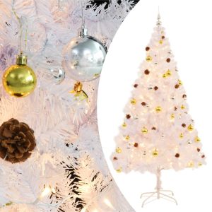 kunstigt juletræ med julekugler og LED-lys 210 cm PVC hvid