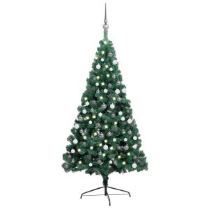 kunstigt halvt juletræ med LED og kuglesæt 180 cm grøn