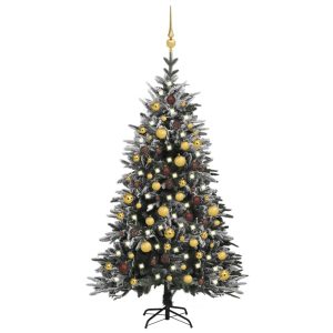 kunstigt juletræ m. LED-lys og kugler + puddersne PVC PE 150 cm