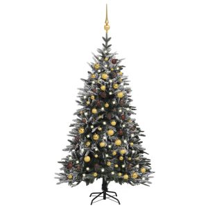 kunstigt juletræ m. LED-lys og kugler + puddersne PVC PE 180 cm