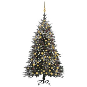 kunstigt juletræ m. LED-lys og kugler + puddersne PVC PE 210 cm