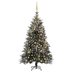 kunstigt juletræ m. LED-lys og kugler + puddersne PVC PE 240 cm