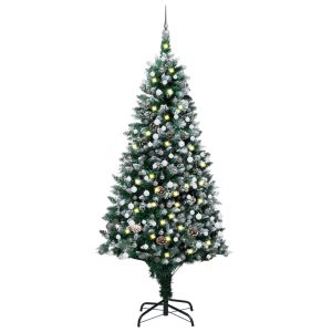kunstigt juletræ med LED og kuglesæt + grankogler 240 cm