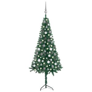 kunstigt juletræ til hjørner LED og kuglesæt 150 cm PVC grøn