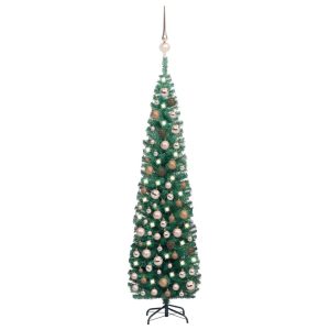 kunstigt smalt juletræ med LED-lys og kuglesæt 210 cm grøn