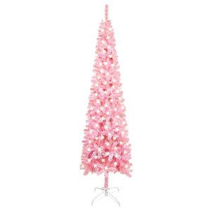 smalt juletræ med LED 120 cm lyserød