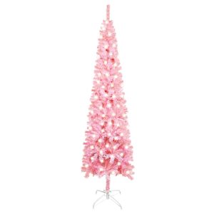 smalt juletræ med LED 180 cm lyserød