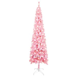 smalt juletræ med LED 210 cm lyserød