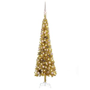 smalt juletræ med LED og kuglesæt 120 cm guldfarvet