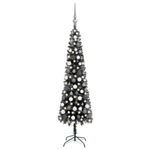 smalt juletræ med LED og kuglesæt 120 cm sort