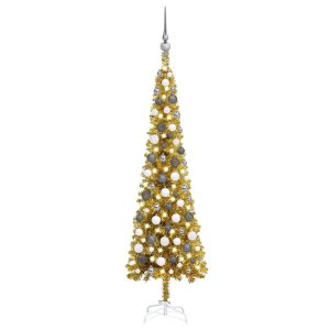 smalt juletræ med LED og kuglesæt 140 cm guldfarvet