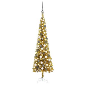 smalt juletræ med LED og kuglesæt 150 cm guldfarvet