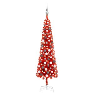 smalt juletræ med LED og kuglesæt 150 cm rød